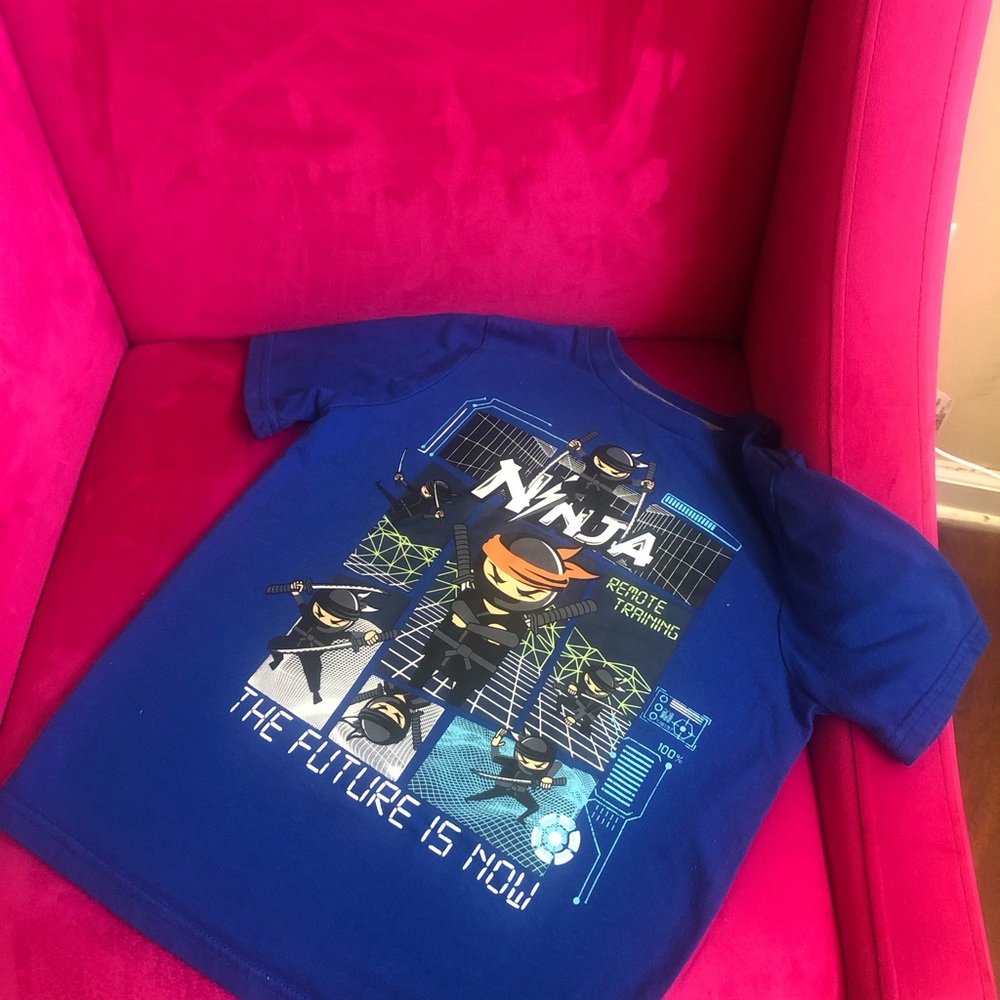 Ninja print blue tee shirt. “Size 7”